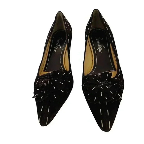 y2k Vintage Ramon Tenza Brown Suede Cream Pointed Toe Heels Flower Size 8.5 - Picture 2 of 15